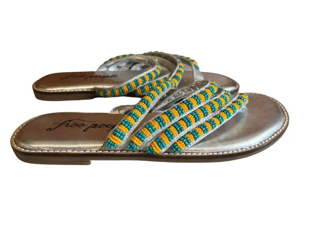 Free People Beatrice Beaded Flat Sandals Turquoise Silver
